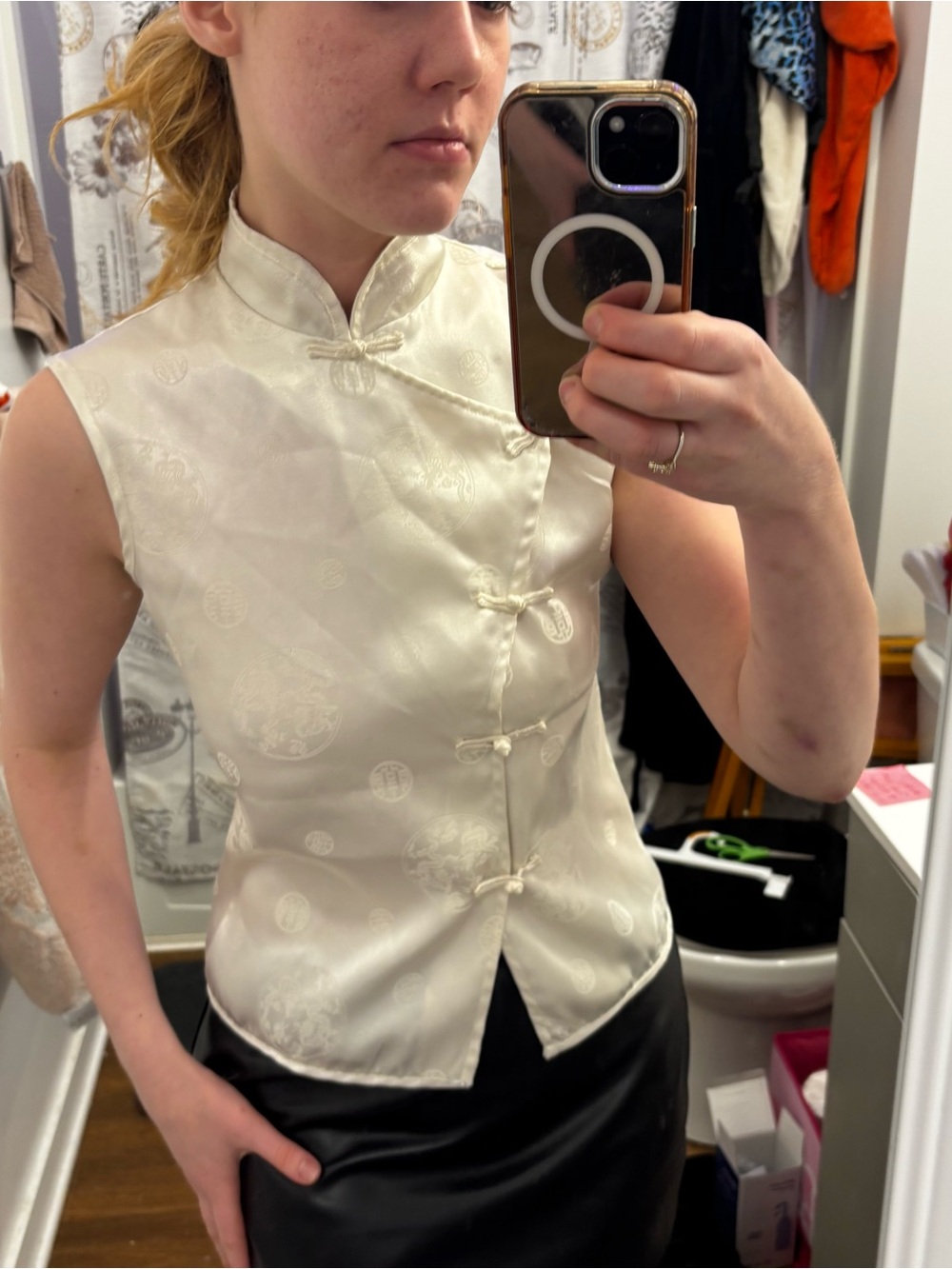 Vintage Sleeveless oriental Mandarin Collar Brocade Top in Ivory